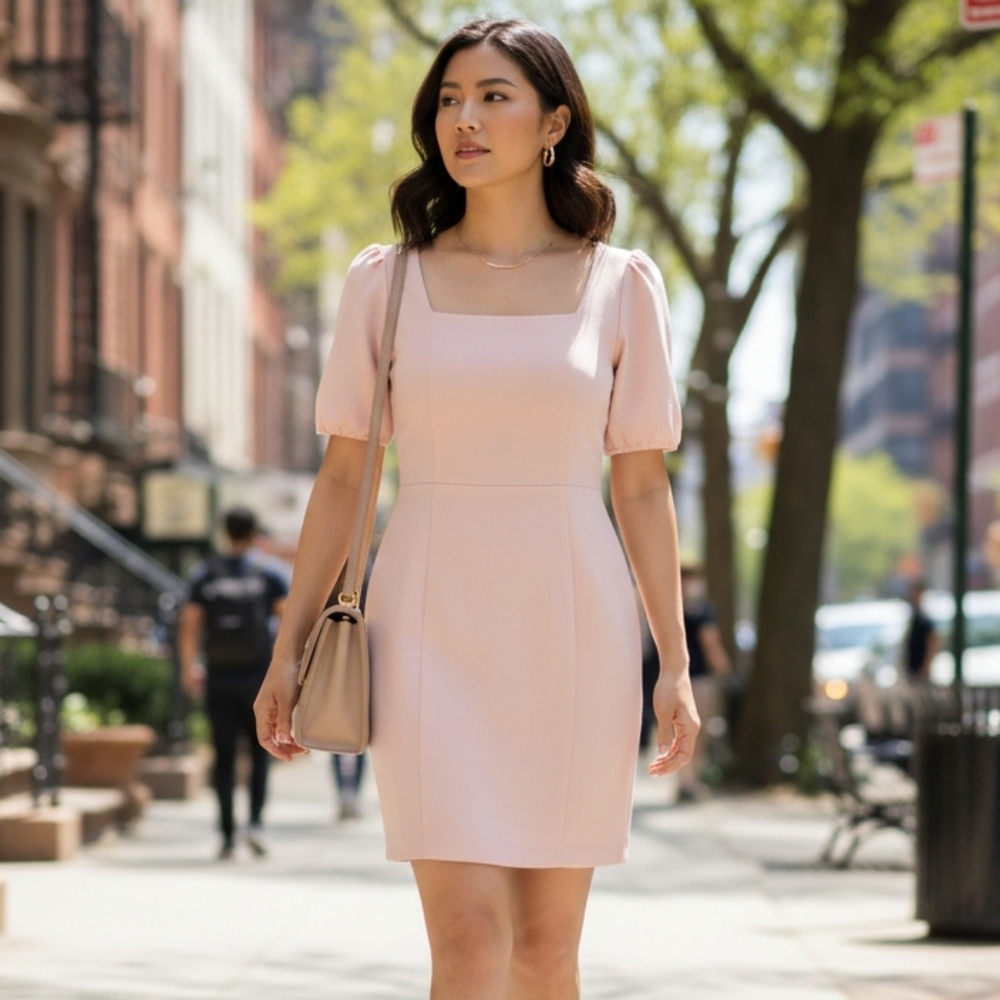 Ann Taylor Factory Light Pink Square Neck Puff Sleeve Cocktail Mini Dress Sz 2